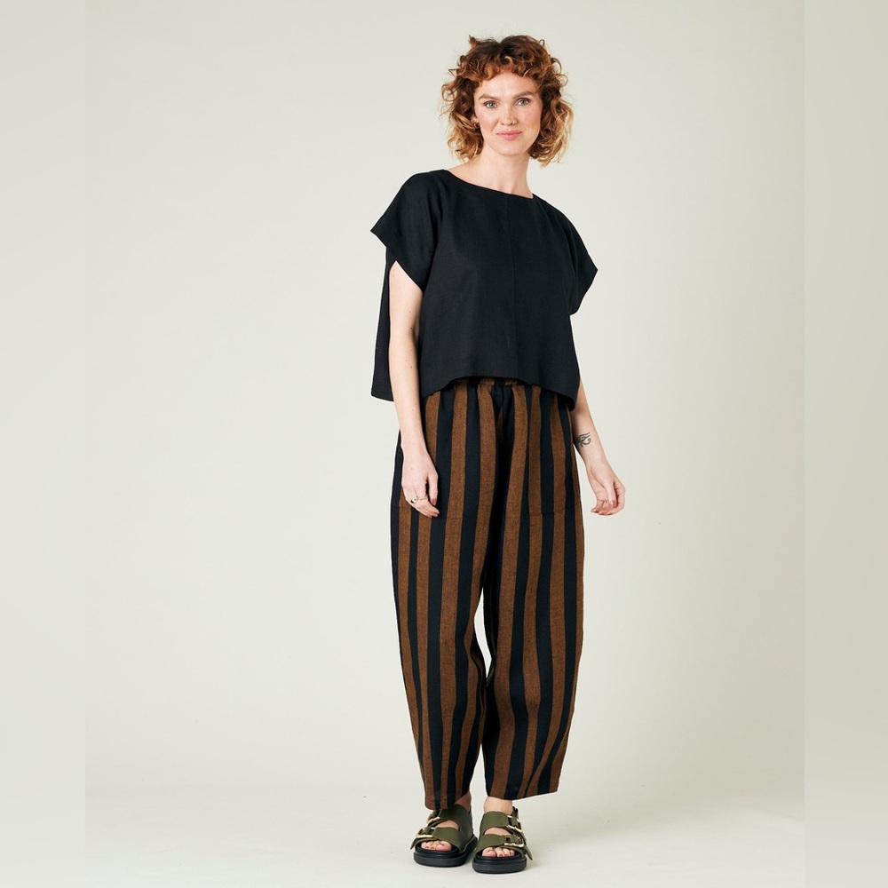 Beyond Nine Huxley linen pants, rust and black stripe